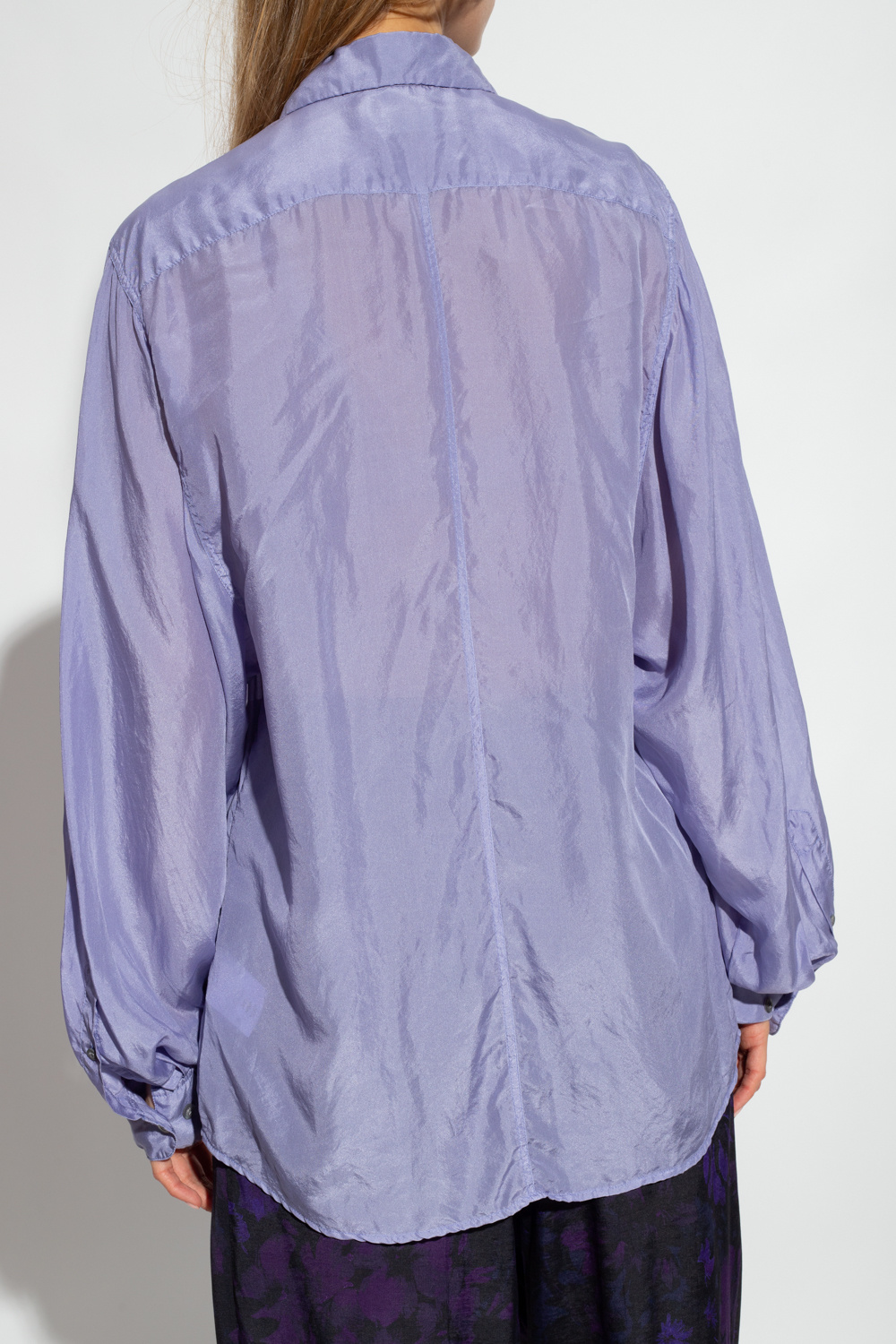 DRIES VAN NOTEN blue beige cotton silk sheer checked shirt